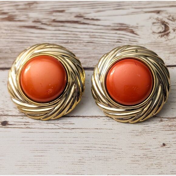 Vintage Clip On Earrings - Orange & Gold Tone Large Statement 1 & 3/8" - Picture 1 of 8